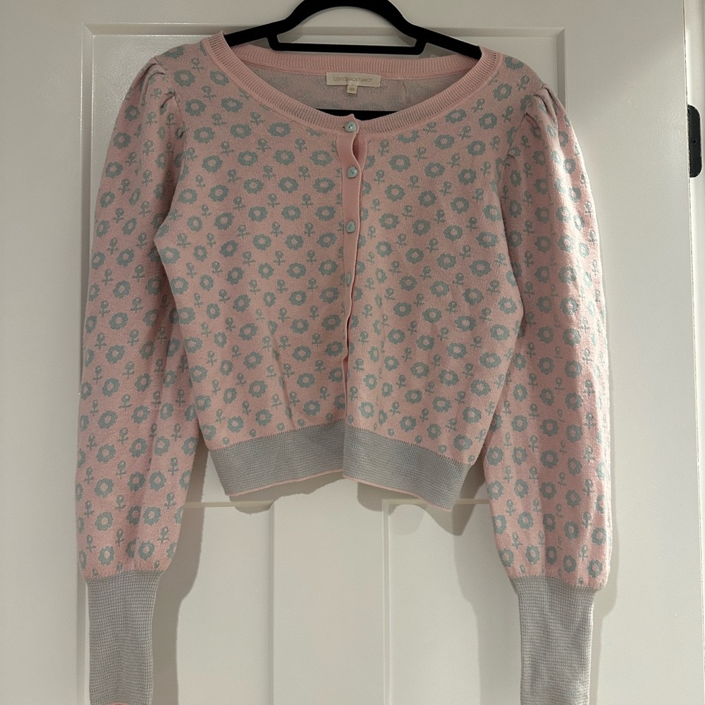 LoveShackFancy pink Sweater with blue flowers -size small